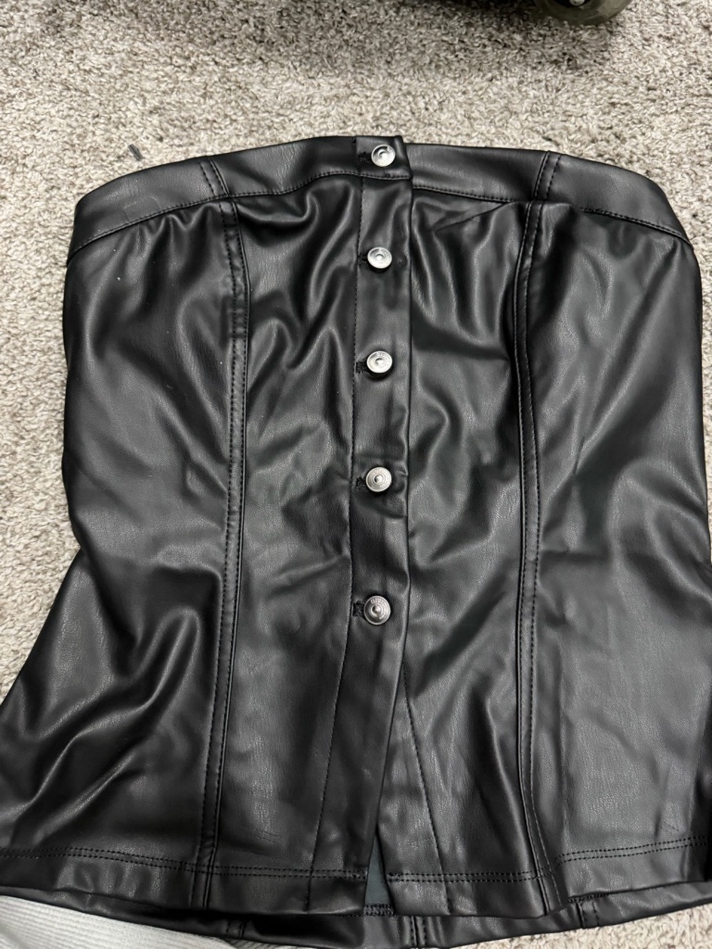 Faux Leather Strapless Button-Front Bustier Top - Black